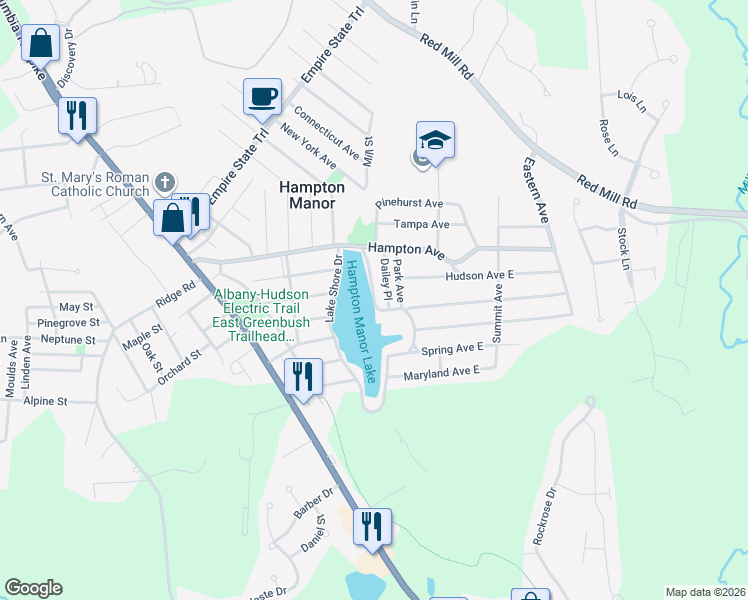 map of restaurants, bars, coffee shops, grocery stores, and more near 200-224 Lakeshore Drive in Rensselaer