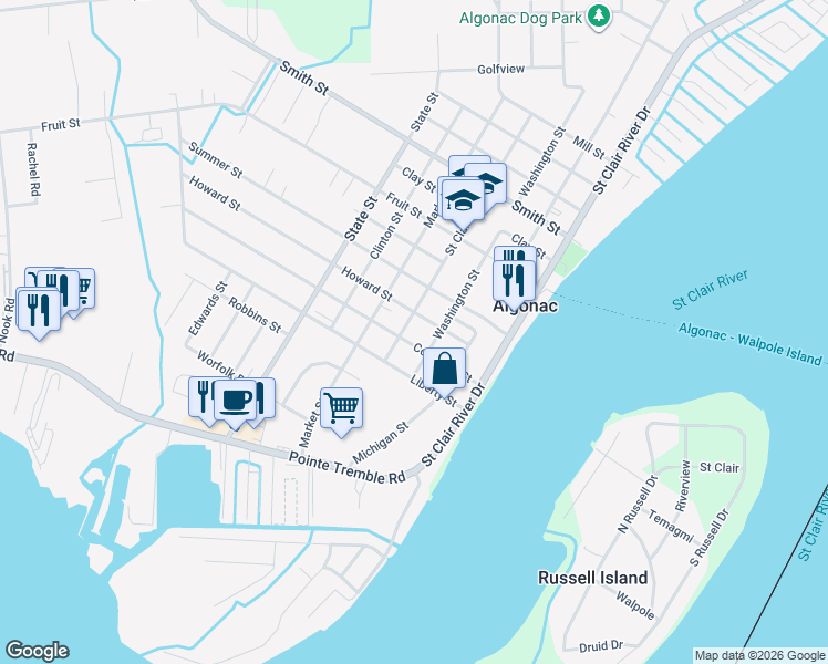 map of restaurants, bars, coffee shops, grocery stores, and more near 819 Saint Clair Boulevard in Algonac
