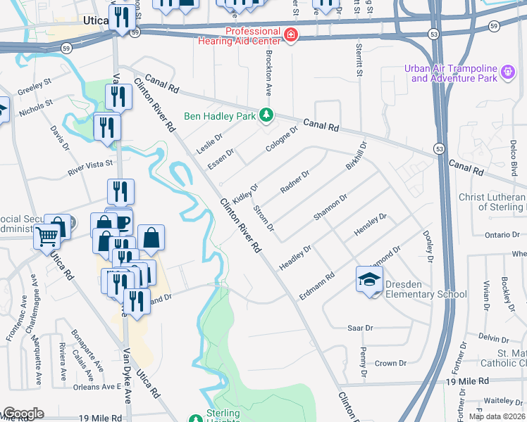 map of restaurants, bars, coffee shops, grocery stores, and more near 8643 Strom Drive in Sterling Heights