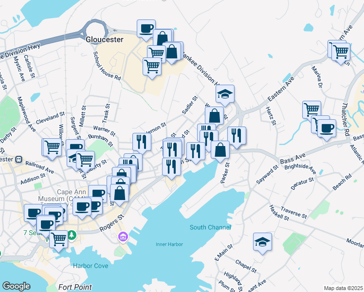 map of restaurants, bars, coffee shops, grocery stores, and more near 42 Friend Street in Gloucester