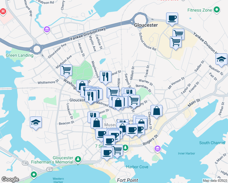 map of restaurants, bars, coffee shops, grocery stores, and more near 33 Maplewood Avenue in Gloucester