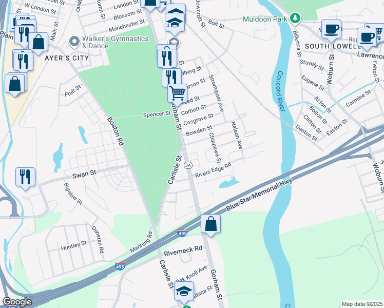 map of restaurants, bars, coffee shops, grocery stores, and more near 1392 Gorham Street in Lowell