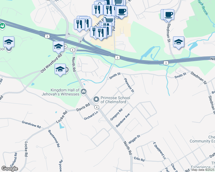 map of restaurants, bars, coffee shops, grocery stores, and more near 86 Smith Street in Chelmsford
