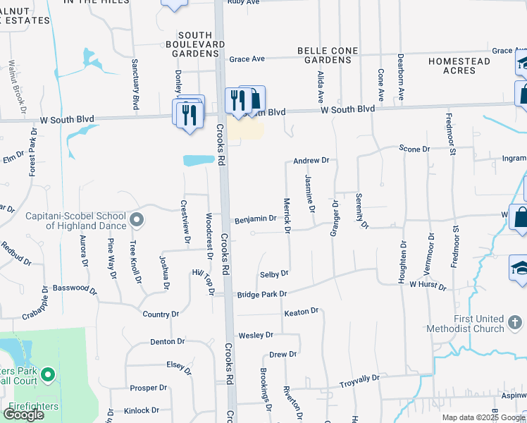map of restaurants, bars, coffee shops, grocery stores, and more near 880 Benjamin Drive in Troy