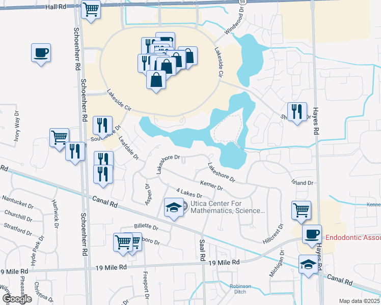 map of restaurants, bars, coffee shops, grocery stores, and more near 14219 Lakeshore Drive in Sterling Heights
