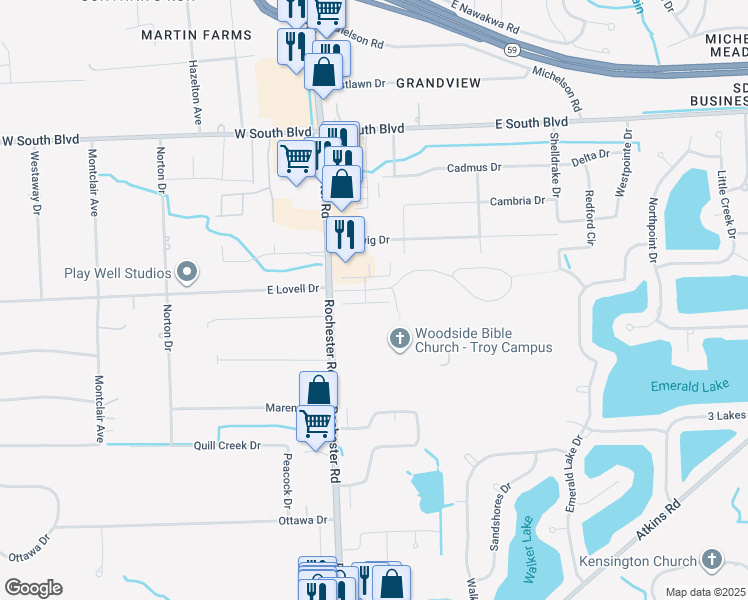 map of restaurants, bars, coffee shops, grocery stores, and more near 1128 Alameda Boulevard in Troy