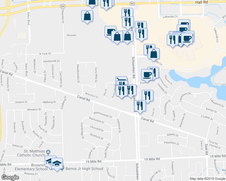 map of restaurants, bars, coffee shops, grocery stores, and more near 44063 Rushcliffe Drive in Sterling Heights