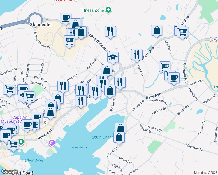 map of restaurants, bars, coffee shops, grocery stores, and more near 6 Cross Street in Gloucester