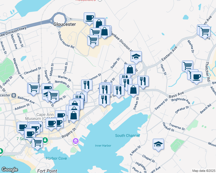 map of restaurants, bars, coffee shops, grocery stores, and more near 42 Friend Street in Gloucester