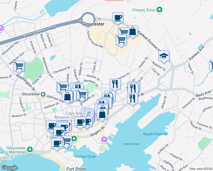 map of restaurants, bars, coffee shops, grocery stores, and more near 6R Oak Street in Gloucester