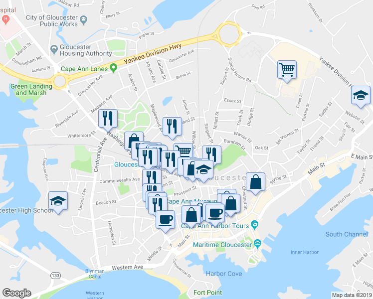 map of restaurants, bars, coffee shops, grocery stores, and more near 10 Willow Street in Gloucester