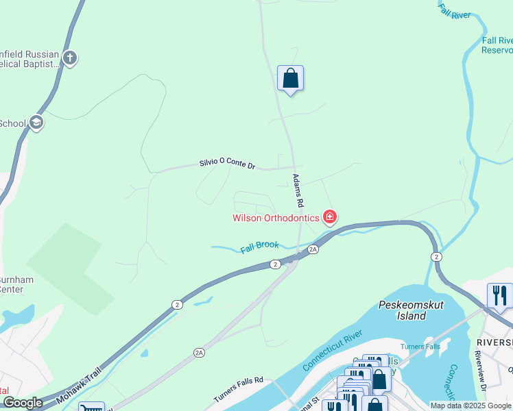 map of restaurants, bars, coffee shops, grocery stores, and more near 42 Adams Road in Greenfield