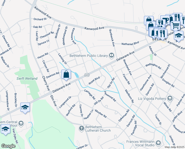 map of restaurants, bars, coffee shops, grocery stores, and more near 515 Delaware Avenue in Delmar