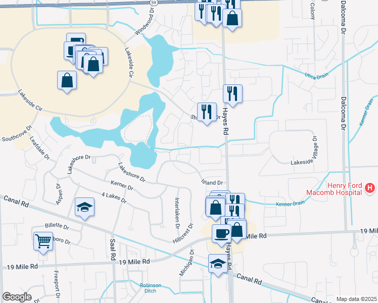 map of restaurants, bars, coffee shops, grocery stores, and more near 43555 Hayes Road in Sterling Heights