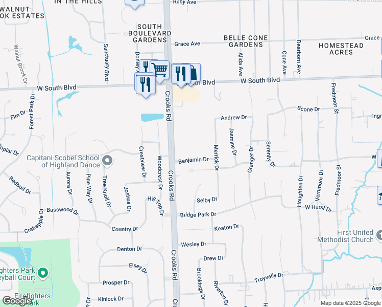 map of restaurants, bars, coffee shops, grocery stores, and more near 880 Benjamin Drive in Troy