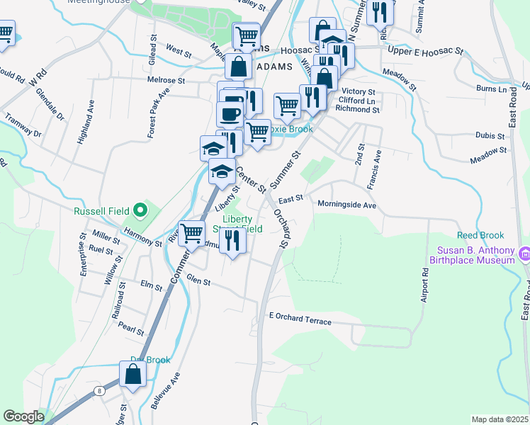 map of restaurants, bars, coffee shops, grocery stores, and more near 8.5 Orchard Street in Adams