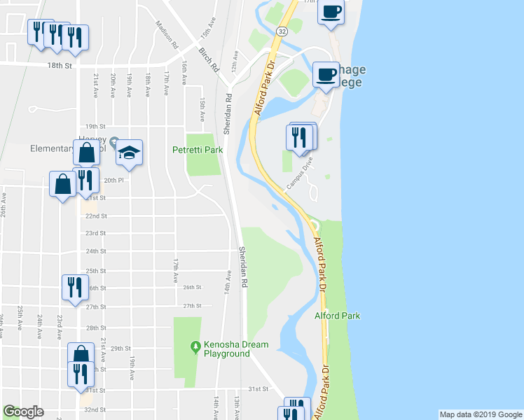 map of restaurants, bars, coffee shops, grocery stores, and more near 2101 Sheridan Road in Kenosha