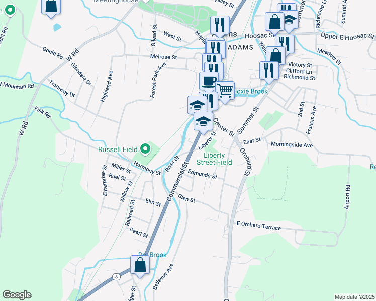 map of restaurants, bars, coffee shops, grocery stores, and more near 27-29 Commercial St in Adams