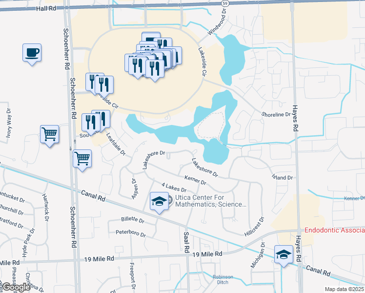map of restaurants, bars, coffee shops, grocery stores, and more near 14219 Lakeshore Drive in Sterling Heights