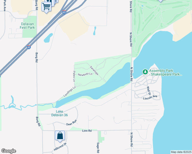map of restaurants, bars, coffee shops, grocery stores, and more near 2112 Landings Lane in Delavan