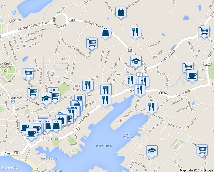 map of restaurants, bars, coffee shops, grocery stores, and more near 42 Friend Street in Gloucester