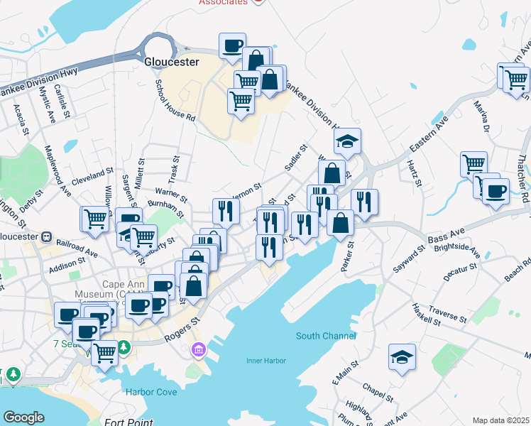 map of restaurants, bars, coffee shops, grocery stores, and more near 42 Friend Street in Gloucester