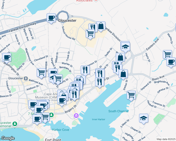map of restaurants, bars, coffee shops, grocery stores, and more near 22 Mount Vernon Street in Gloucester