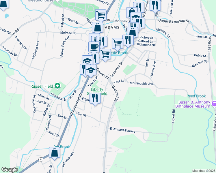 map of restaurants, bars, coffee shops, grocery stores, and more near 8.5 Orchard Street in Adams