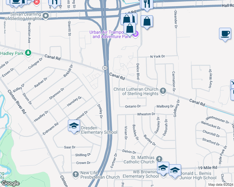 map of restaurants, bars, coffee shops, grocery stores, and more near 43924 Freeway Drive in Sterling Heights