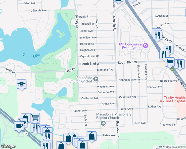 map of restaurants, bars, coffee shops, grocery stores, and more near 546 Nevada Avenue in Pontiac