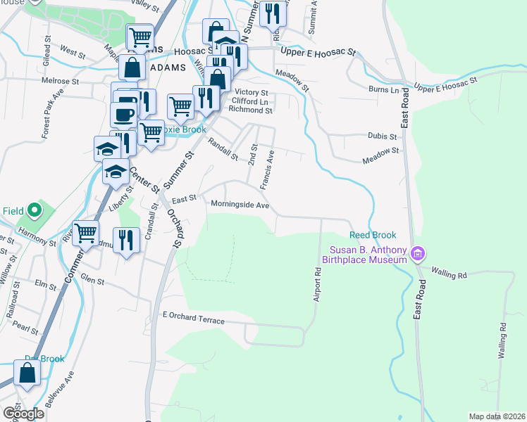 map of restaurants, bars, coffee shops, grocery stores, and more near 45 Morningside Ave in Adams
