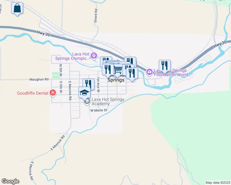 map of restaurants, bars, coffee shops, grocery stores, and more near 21 Booth Street in Lava Hot Springs