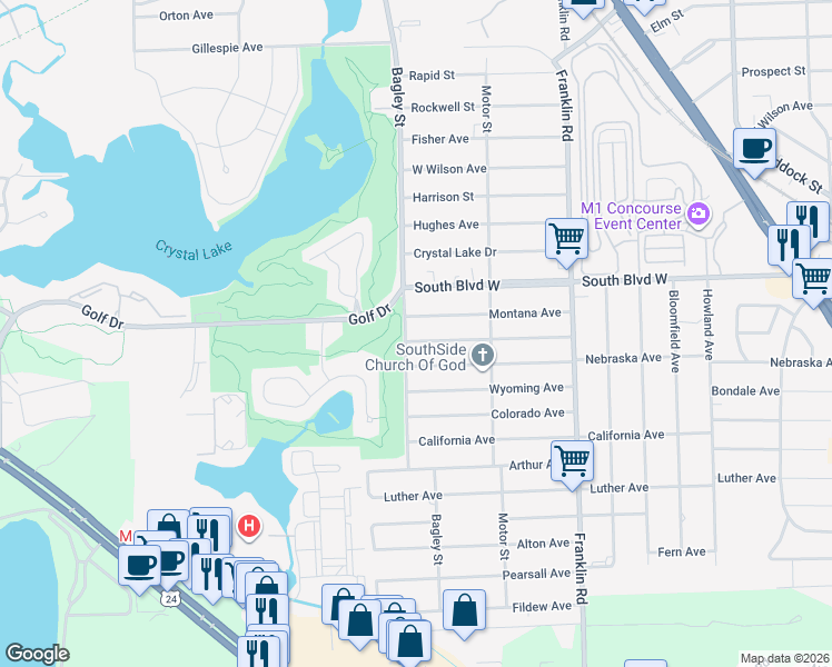 map of restaurants, bars, coffee shops, grocery stores, and more near 608 Nevada Avenue in Pontiac