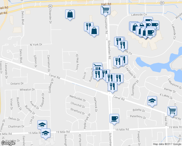 map of restaurants, bars, coffee shops, grocery stores, and more near 13471 Forest Ridge Boulevard in Sterling Heights