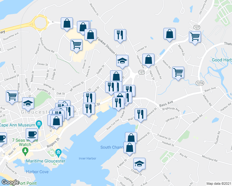 map of restaurants, bars, coffee shops, grocery stores, and more near 10 Eastern Avenue in Gloucester