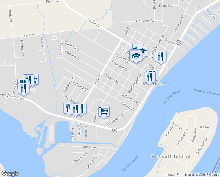 map of restaurants, bars, coffee shops, grocery stores, and more near 723 Market Street in Algonac