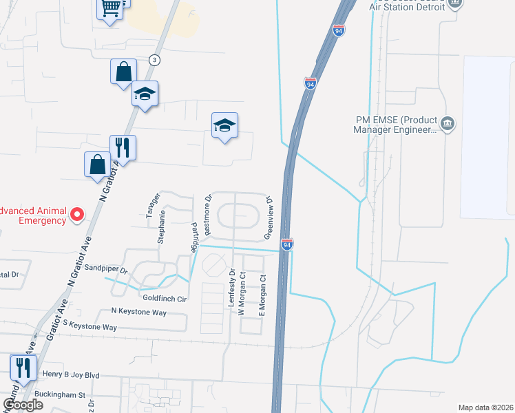 map of restaurants, bars, coffee shops, grocery stores, and more near 43574 Terrain Drive in Macomb County