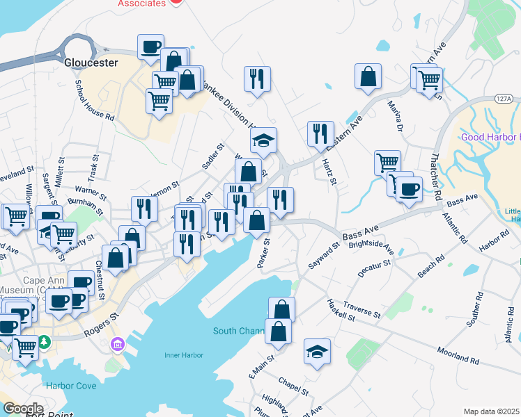 map of restaurants, bars, coffee shops, grocery stores, and more near 6 Cross Street in Gloucester