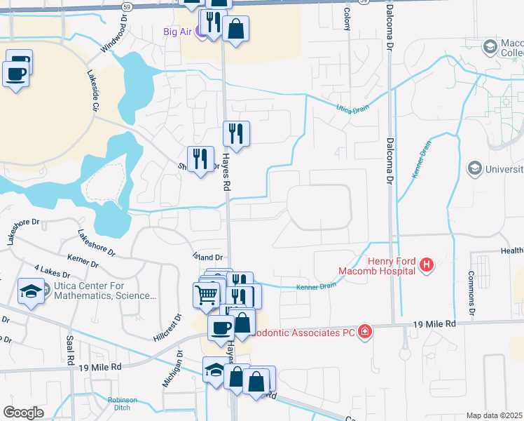 map of restaurants, bars, coffee shops, grocery stores, and more near 15365 Lakeside Village Drive in Charter Township of Clinton