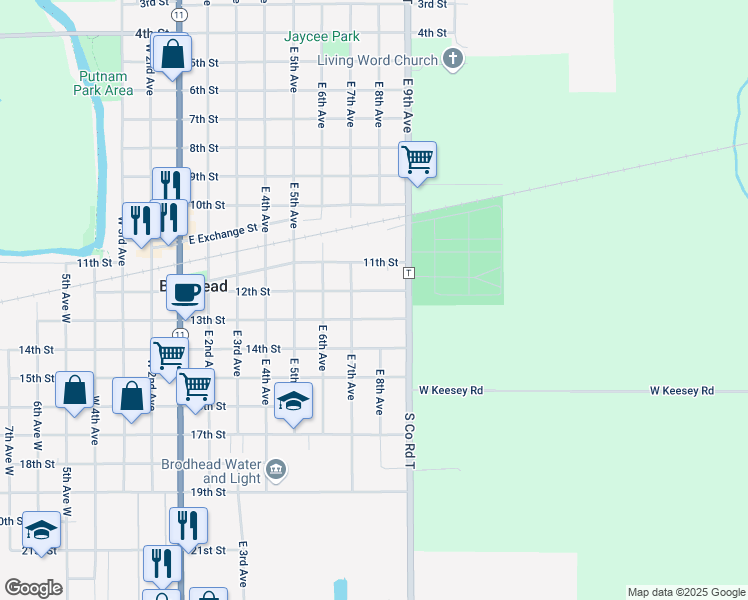 map of restaurants, bars, coffee shops, grocery stores, and more near 204 12th St in Brodhead