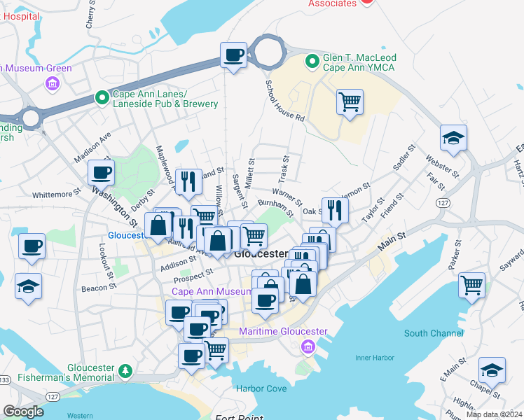 map of restaurants, bars, coffee shops, grocery stores, and more near 13 Burnham Street in Gloucester