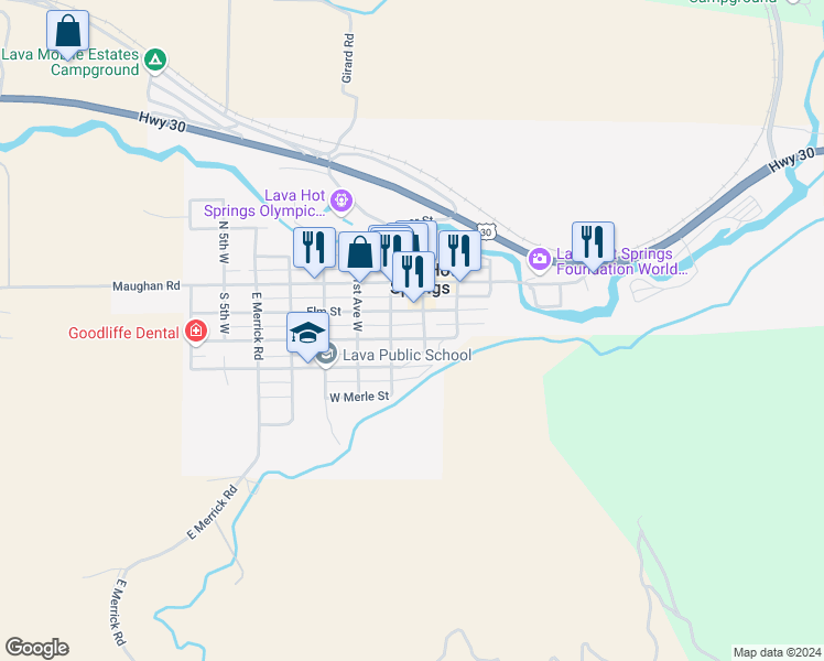 map of restaurants, bars, coffee shops, grocery stores, and more near 21 Booth Street in Lava Hot Springs