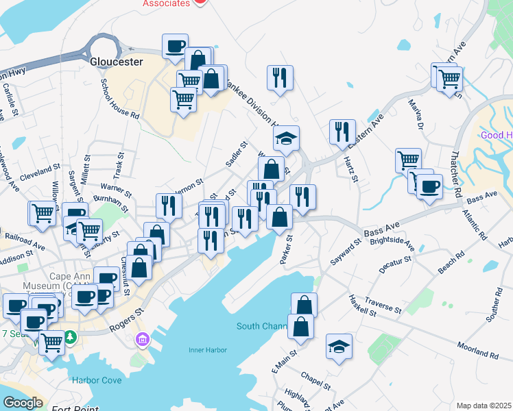 map of restaurants, bars, coffee shops, grocery stores, and more near 10 Eastern Avenue in Gloucester