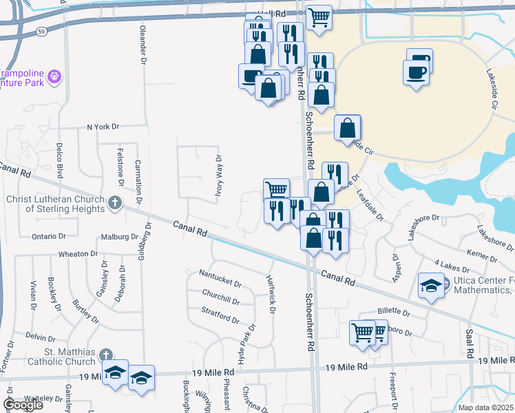 map of restaurants, bars, coffee shops, grocery stores, and more near 44028 Elm Drive in Sterling Heights