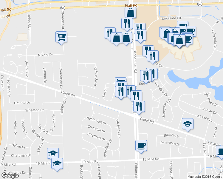 map of restaurants, bars, coffee shops, grocery stores, and more near 44028 Elm Drive in Sterling Heights
