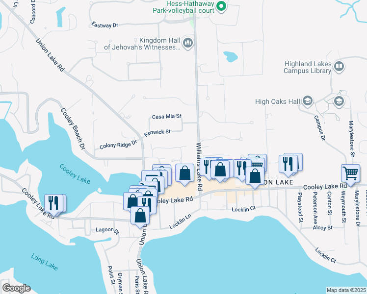 map of restaurants, bars, coffee shops, grocery stores, and more near 1371 Waverly Drive in White Lake charter Township