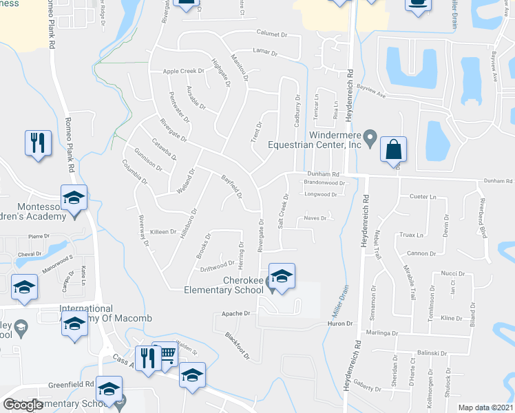map of restaurants, bars, coffee shops, grocery stores, and more near 20185 Bayfield Drive in Clinton Township