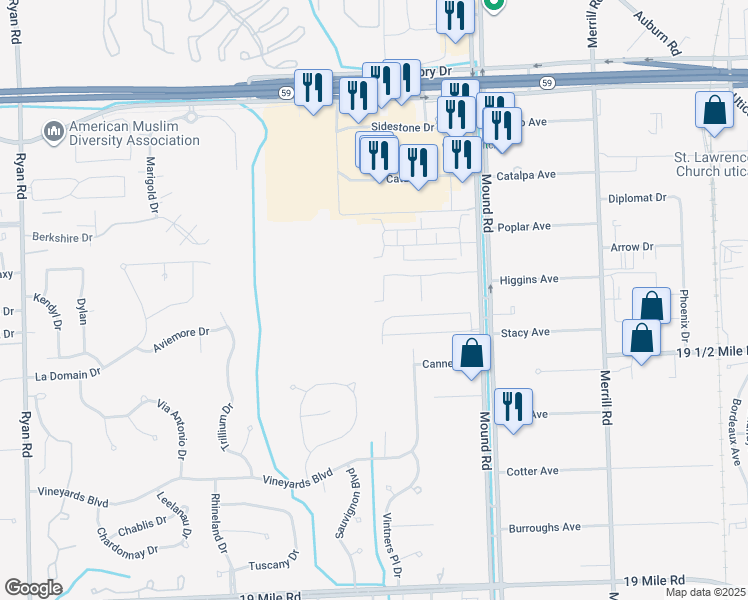map of restaurants, bars, coffee shops, grocery stores, and more near 5184 Pine Aires Drive in Sterling Heights
