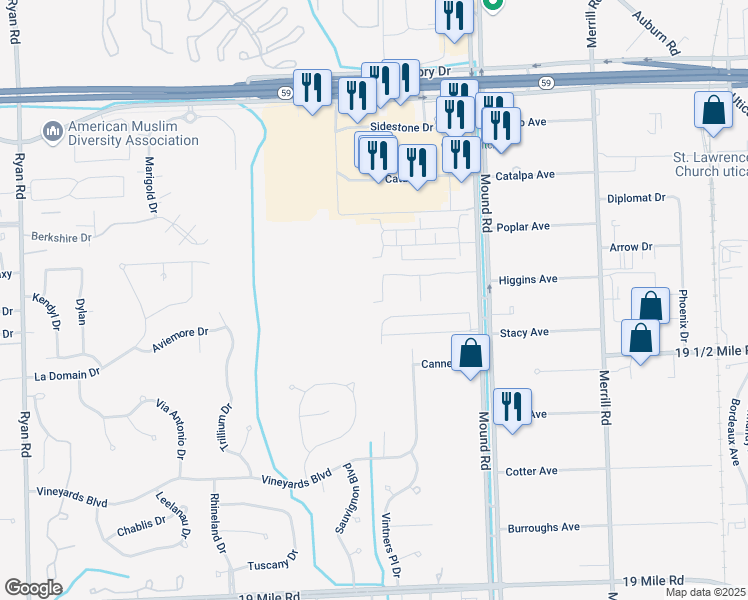 map of restaurants, bars, coffee shops, grocery stores, and more near 5192 Pine Aires Drive in Sterling Heights