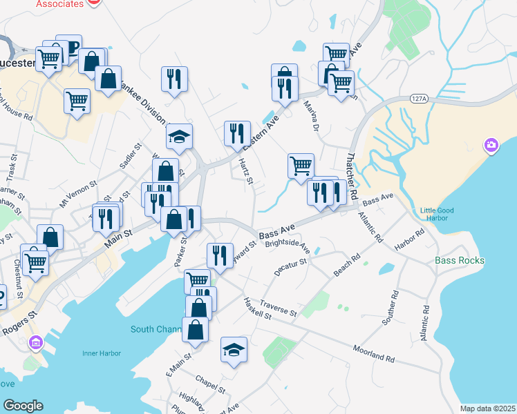 map of restaurants, bars, coffee shops, grocery stores, and more near 13 Hartz Street in Gloucester
